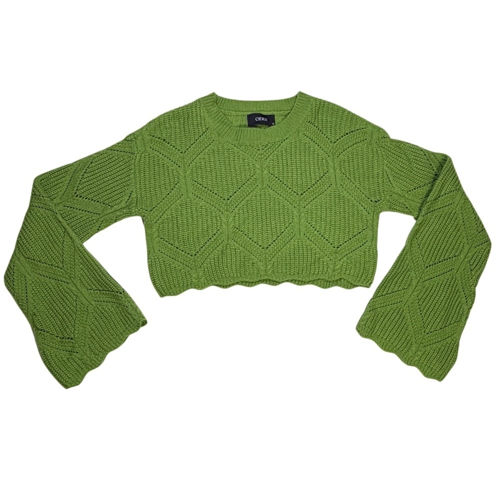 Cider Green Crop Knit Sweater Bell Sleeve Open Knit Cottagecore Boho Size S